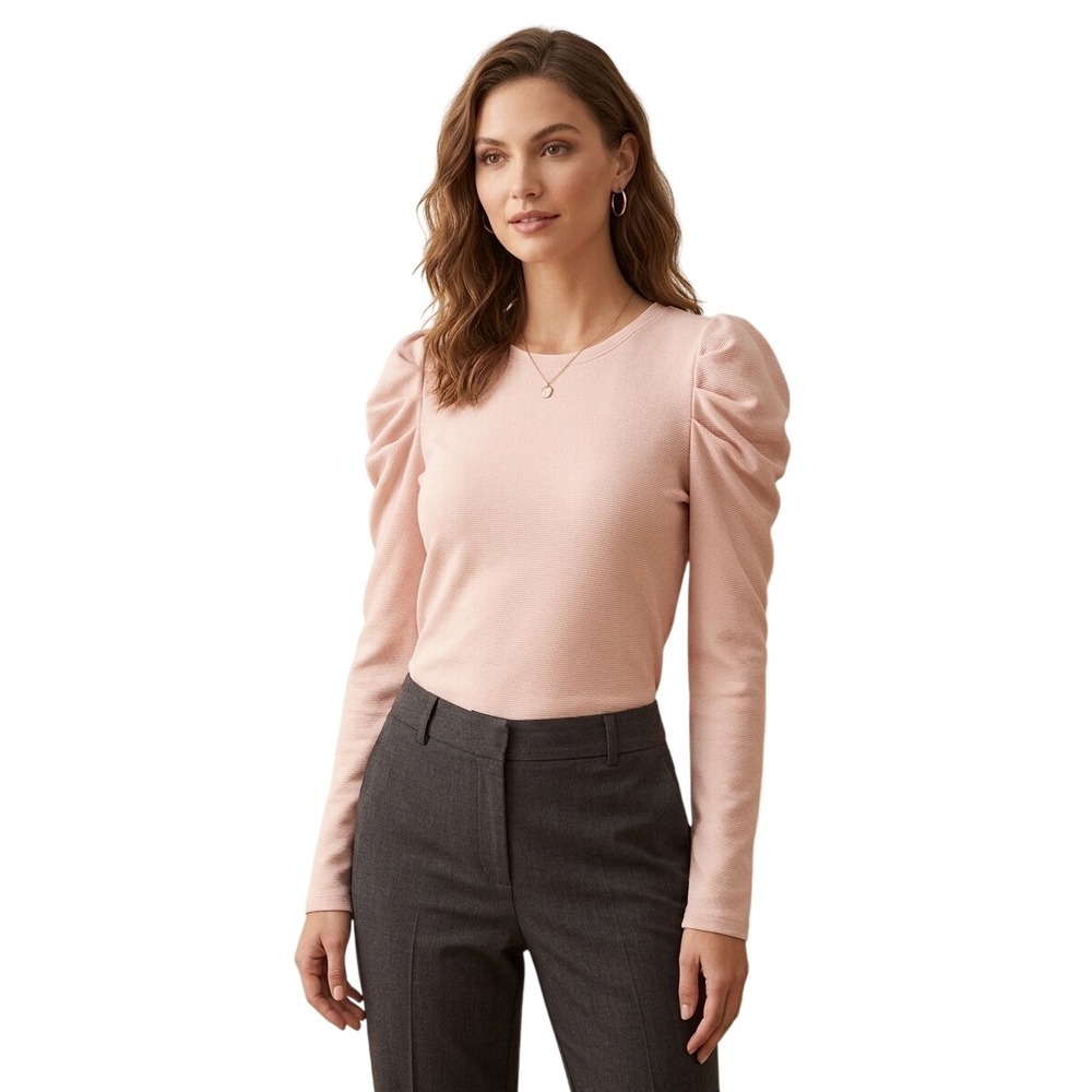 Nine West Pink Puff Sleeve Ottoman Rib Knit Top Size Small Coquette Romantic